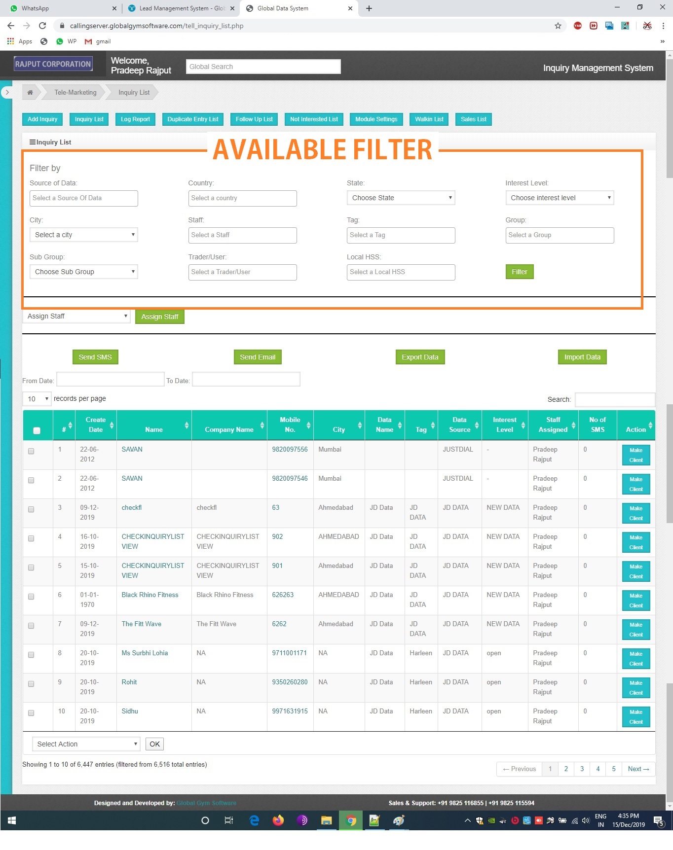 global gym software dashboard